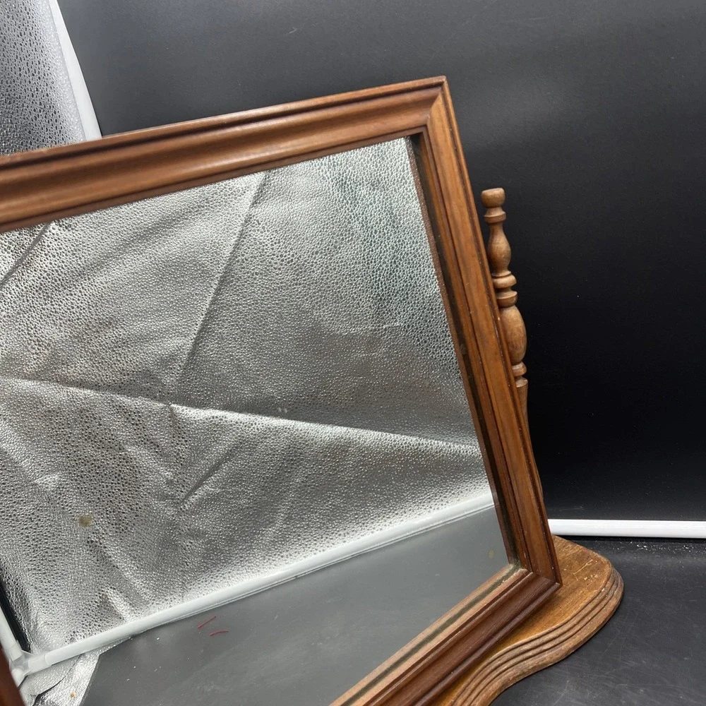 Vintage Wood Vanity Shaving Stand Dresser Table Top Swivel Beveled Mirror